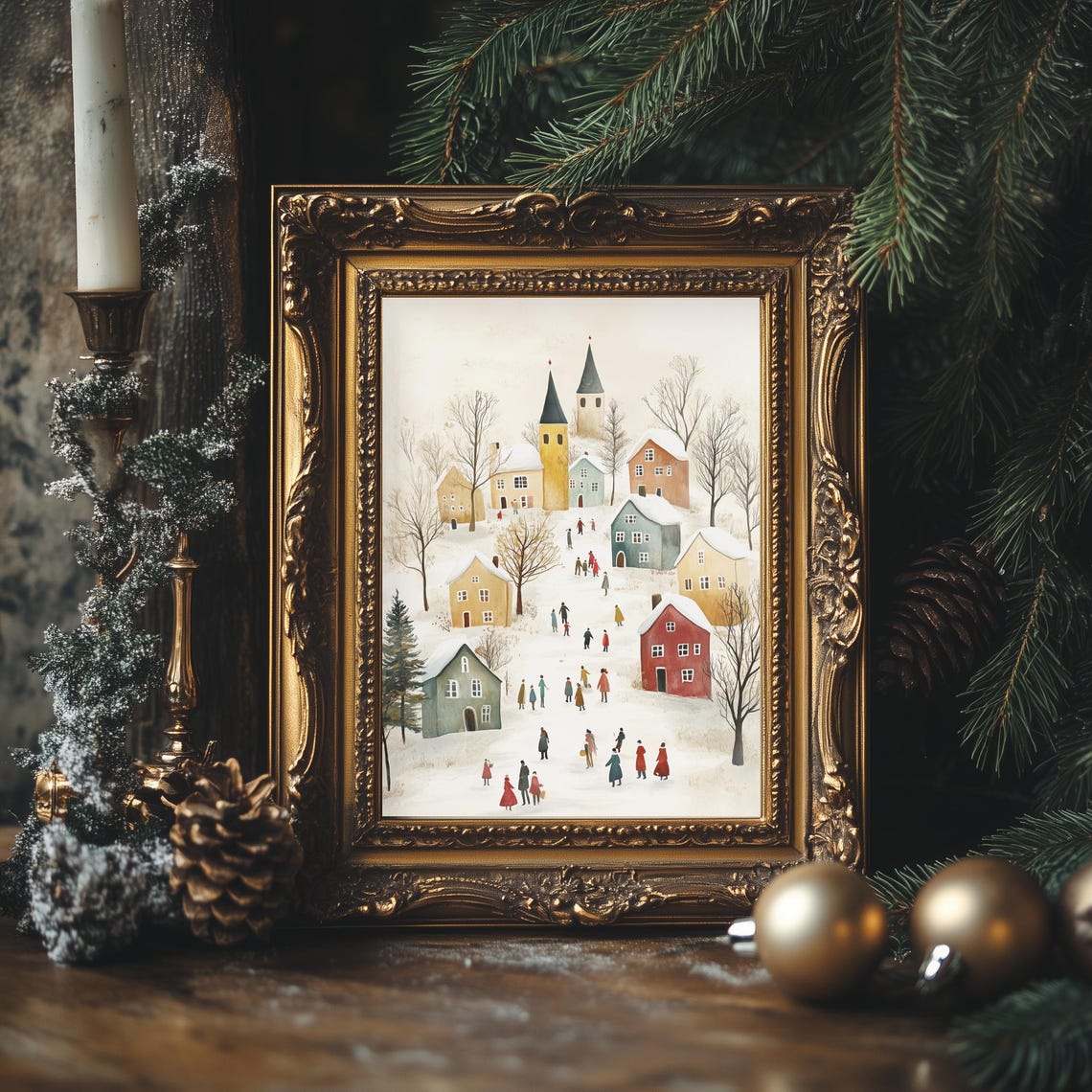 Christmas Village Art Pink Holiday Wall Print Watercolor Christmas Village Winter Scene Print Pastel Pink Holiday Art - Image 4