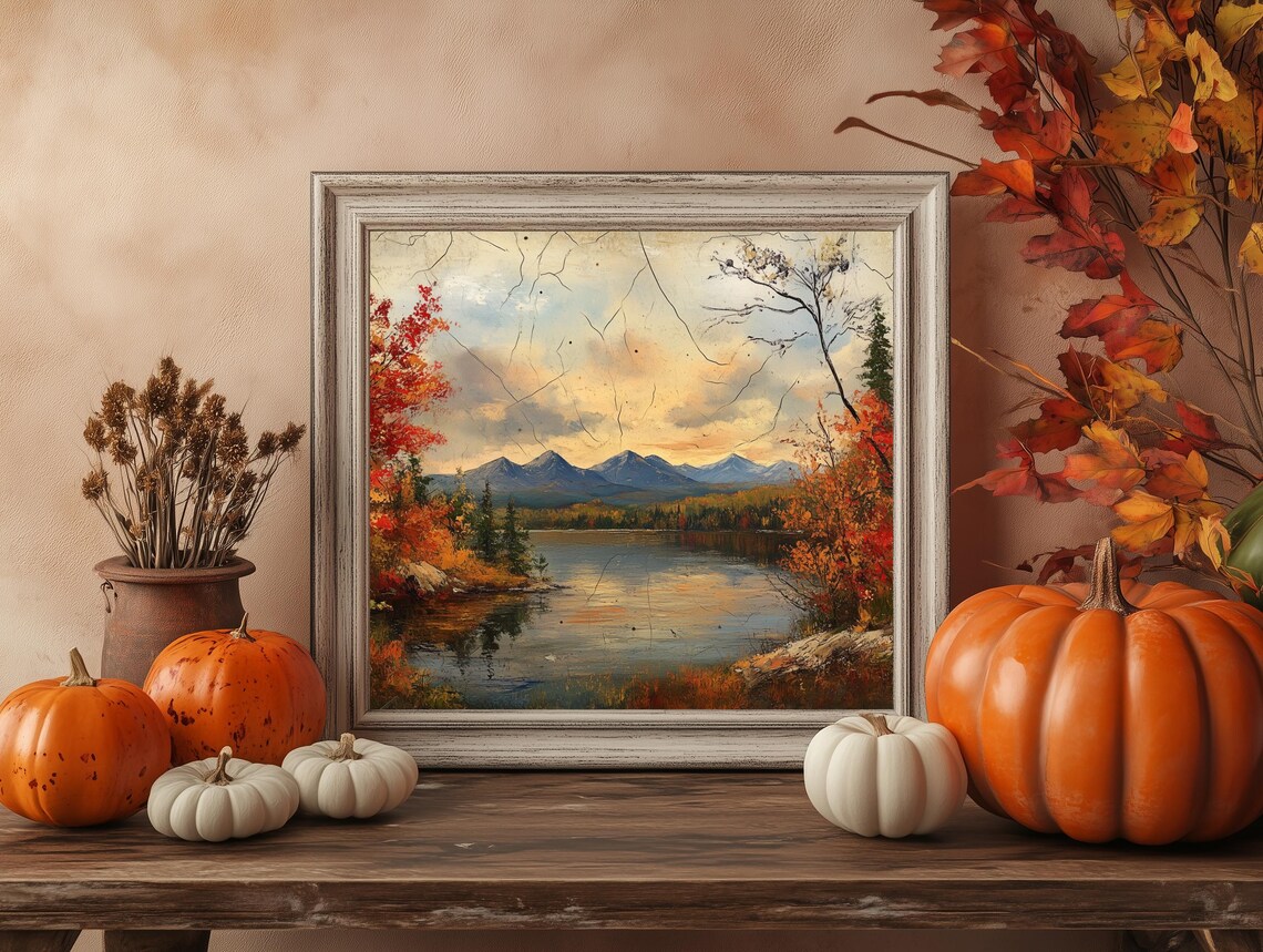 Autumn Mountain Lake Red Foliage Vintage Oil Painting Poster - Image 4