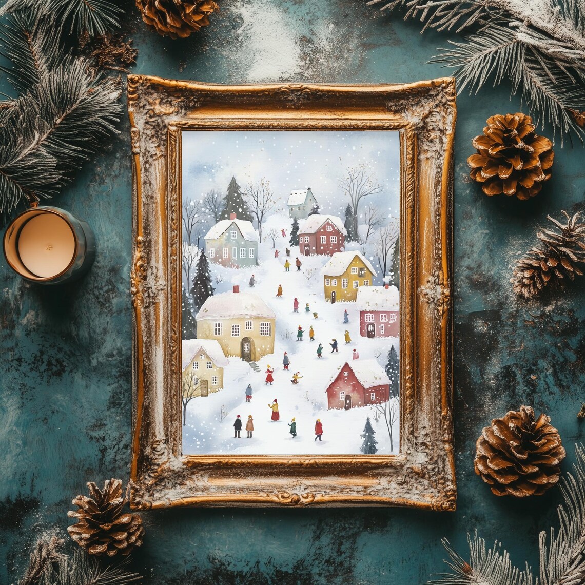 Colorful Winter Village Snowfall Scene Watercolor Christmas Poster - Image 2