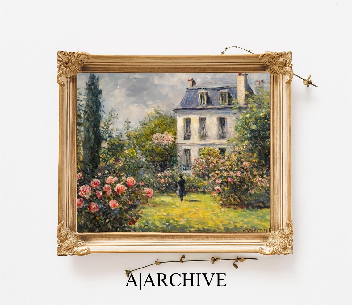 Village Cottage Rose Garden with Cypress Vintage Oil Art Poster - Image 2