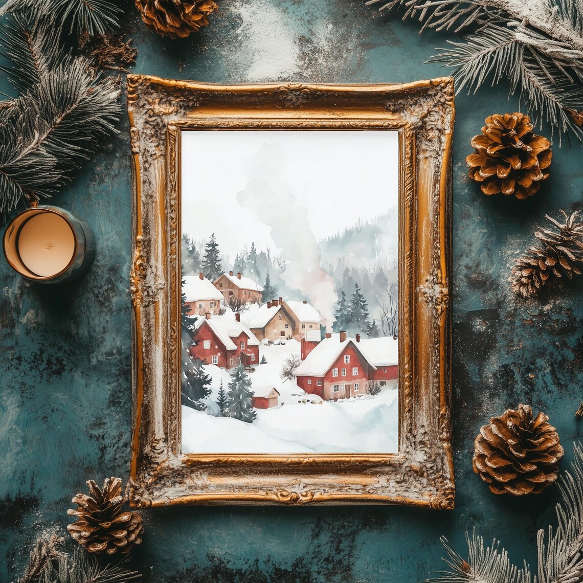 Red Winter Village Snow Scene Watercolor Rustic Christmas Poster - Image 3