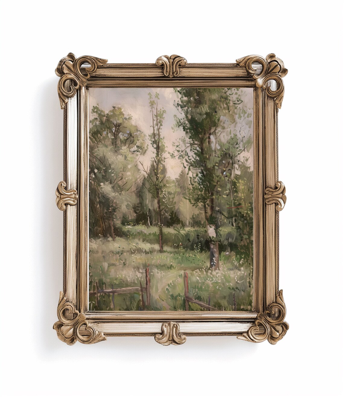Impressionist Tree Meadow Painting Wooden Fence Vintage Print - Image 3
