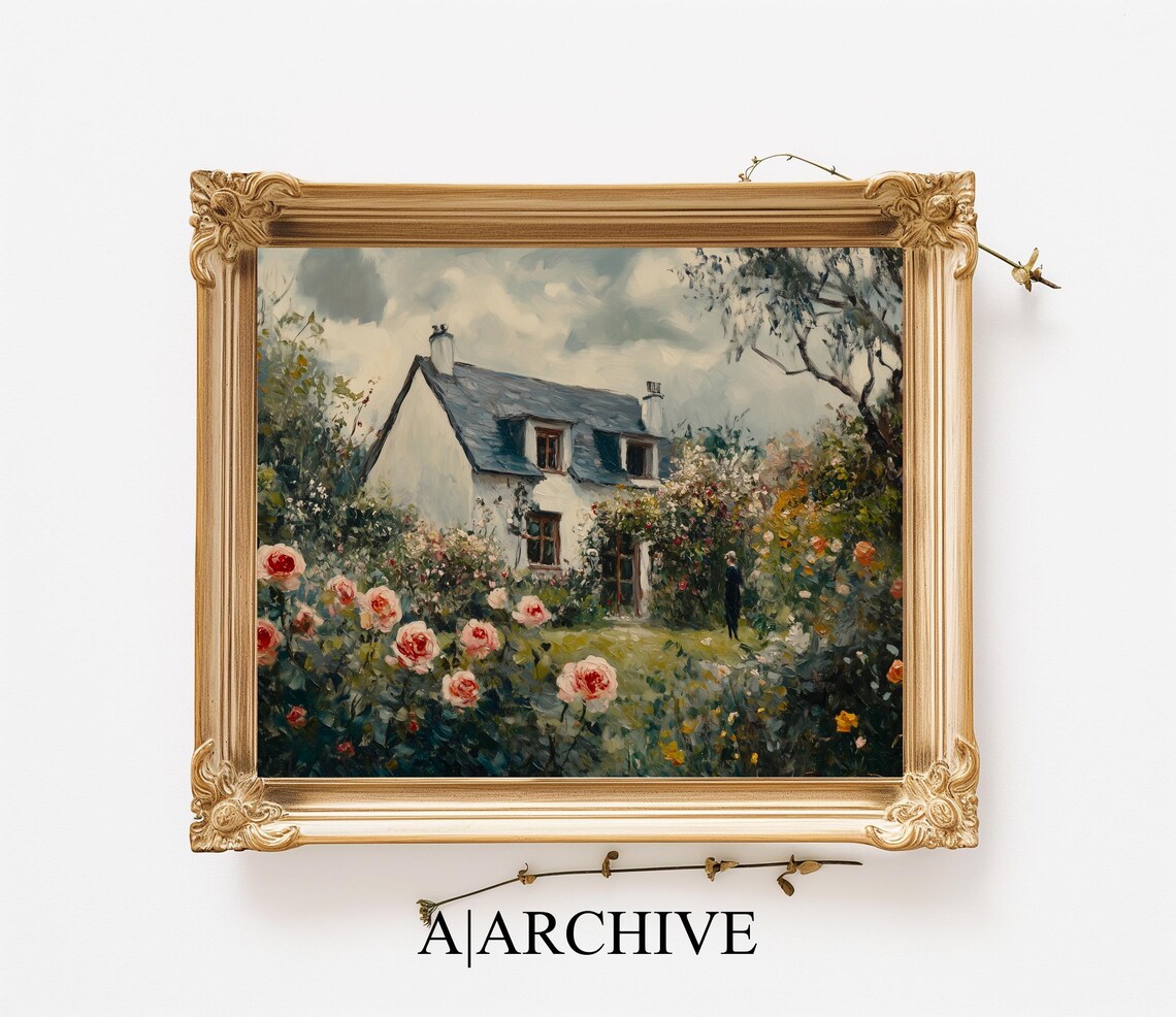 Old Farmhouse Among Climbing Roses Vintage Oil Painting Art Poster - Image 2