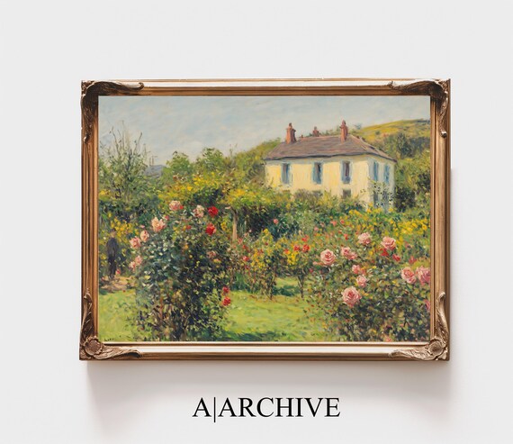 Sunny Cottage Garden with Pink Roses Vintage Oil Painting Poster