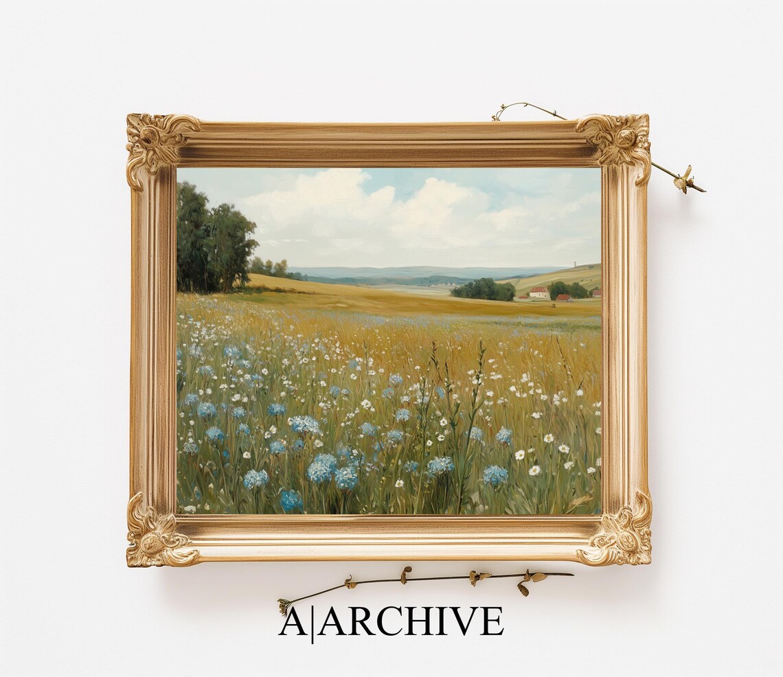 Blue Cornflower Field Country Farmhouse Summer Landscape Poster - Image 2