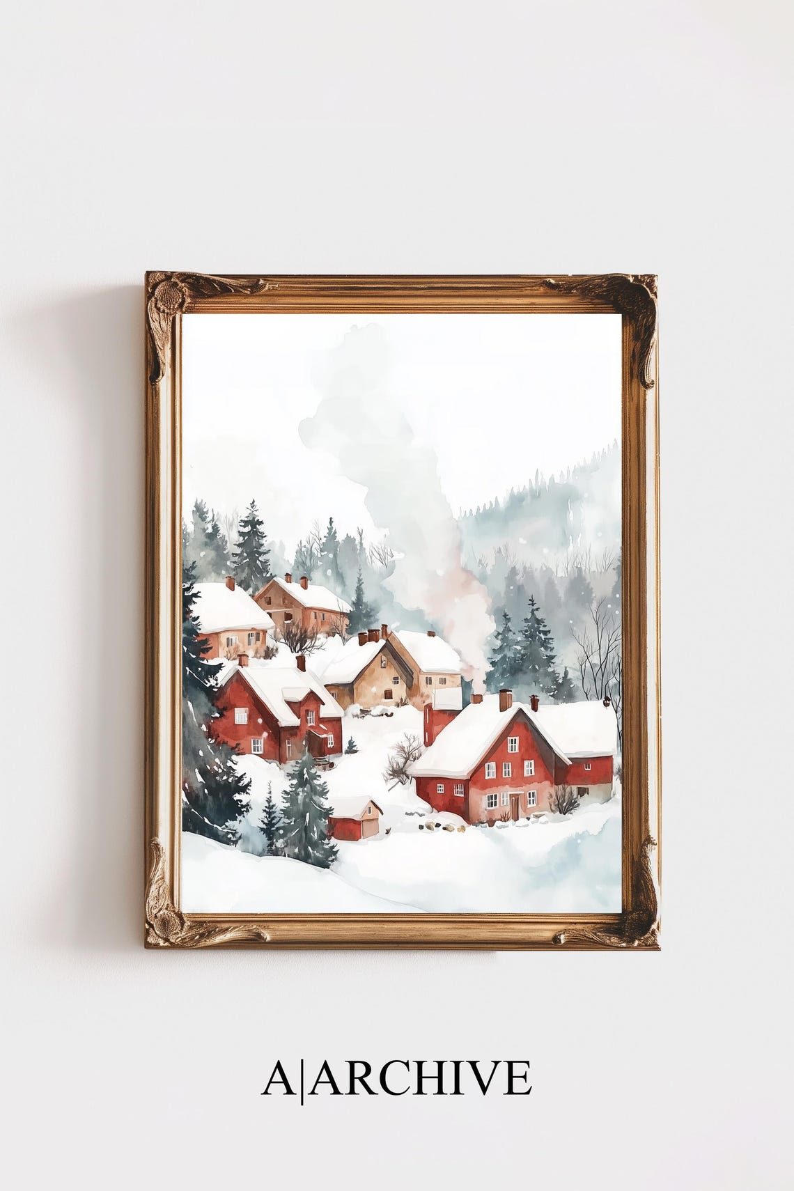 Red Winter Village Snow Scene Watercolor Rustic Christmas Poster