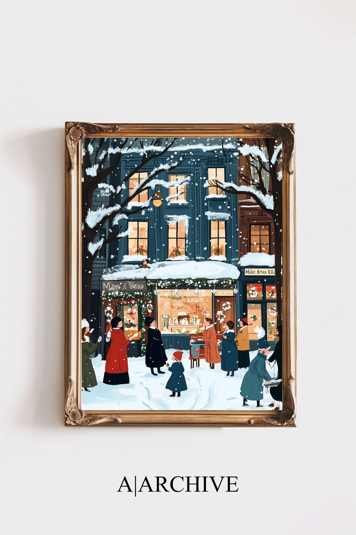 Snowy Christmas Shopfront Night Shoppers Festive Storefront Poster