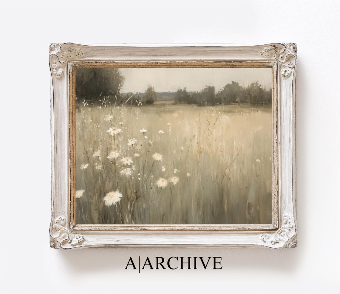 Muted White Daisy Meadow Vintage Neutral Botanical Art Poster