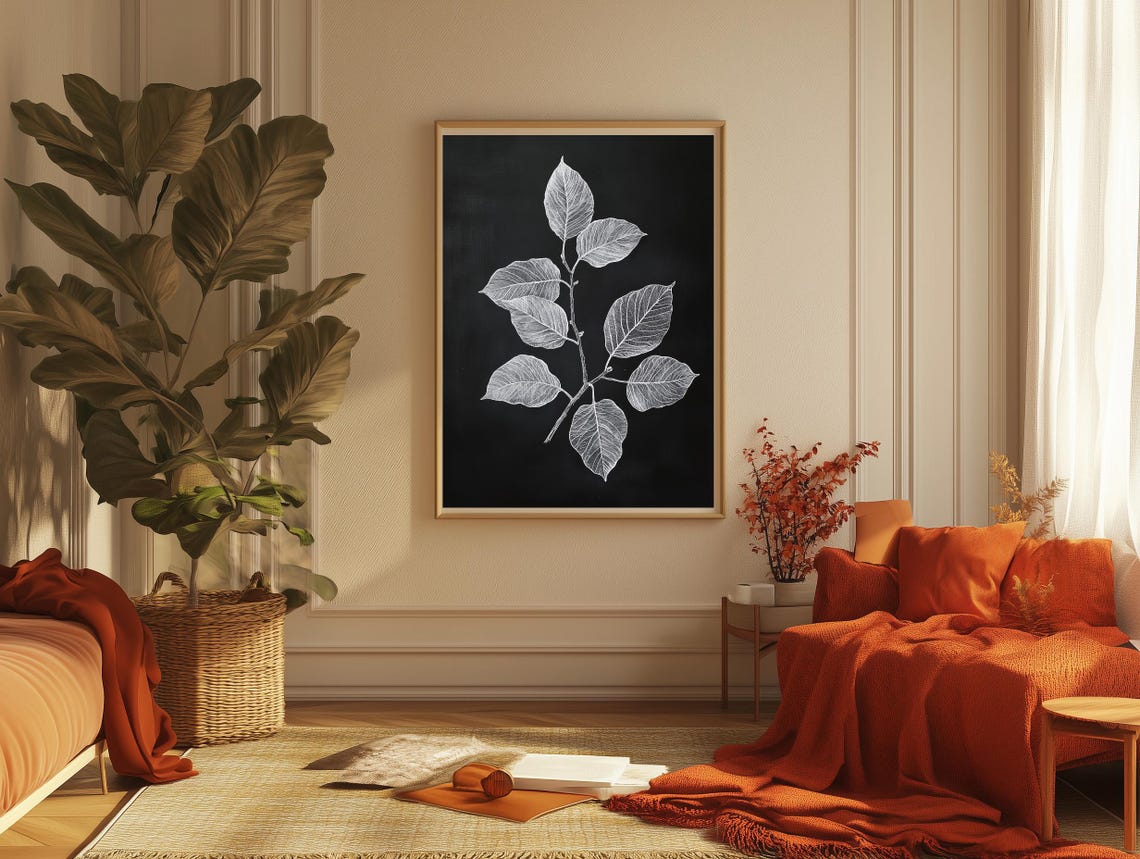 Silver Leaf Branch Sketch Black Background Botanical Line Art Poster - Image 2