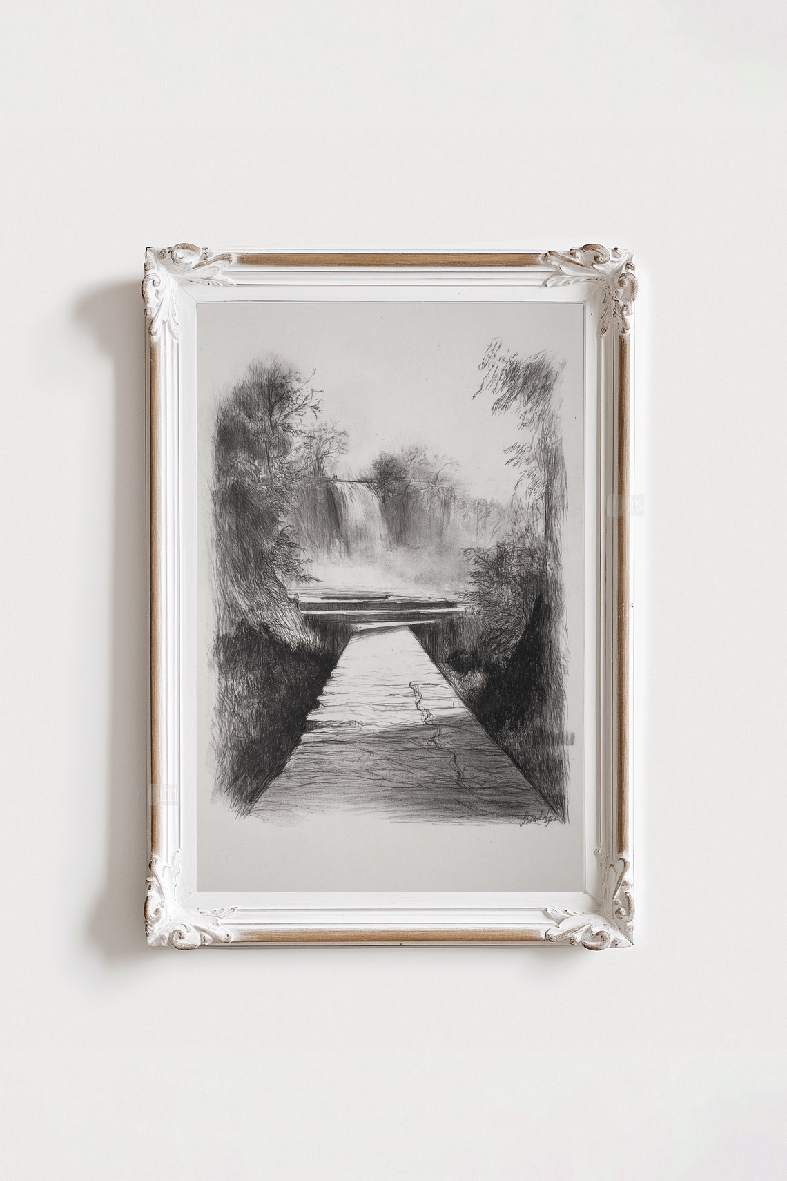Charcoal Sketch Bridge And Trees Sketch Vintage Landscape Etching Drawing For Wall Decor - Image 3