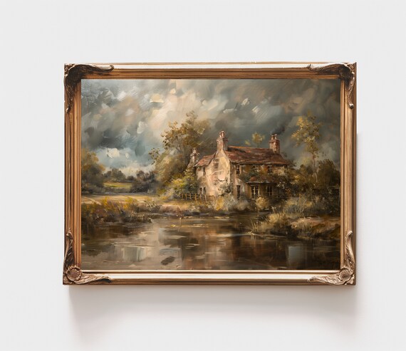 Antique Oil Painting Cottage by Lake Moody Sky Vintage Print