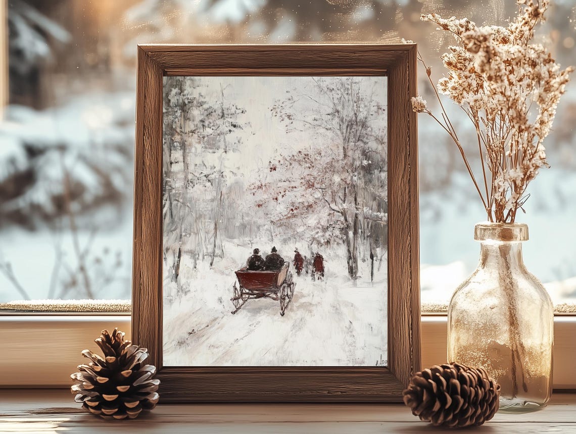 Vintage Horse Sleigh Snowy Forest Path Winter Christmas Poster - Image 4