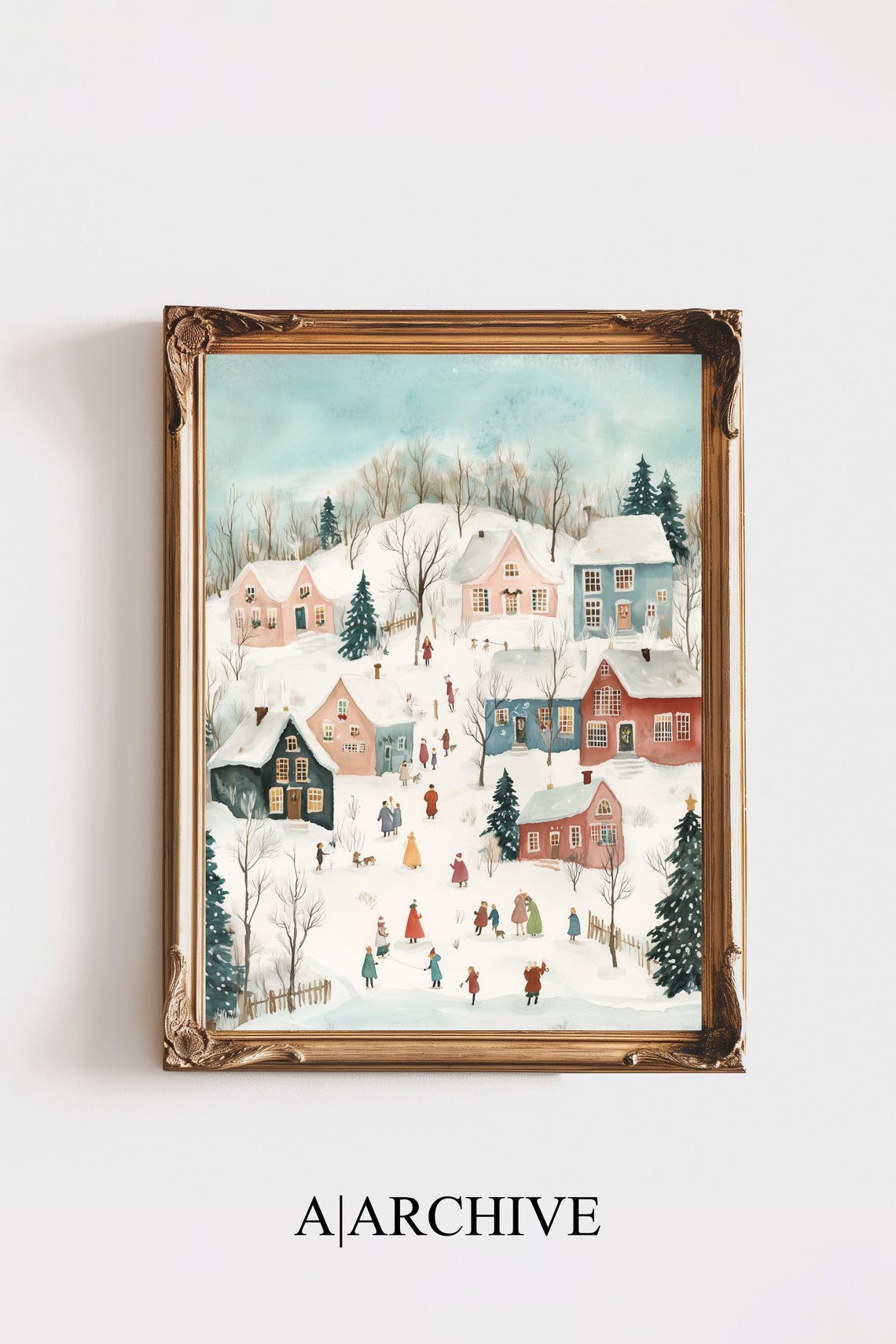 Pink Christmas Village Pastel Winter Snow Children Playing Poster