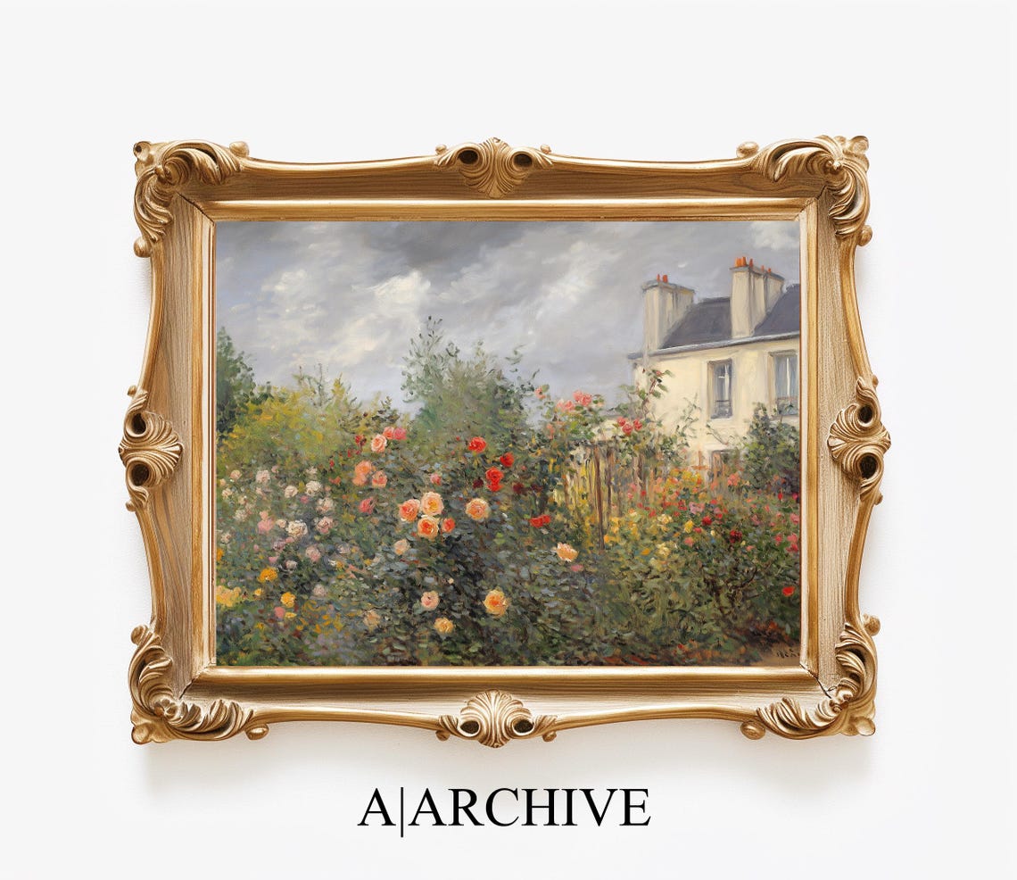 Wild Rose Garden Under a Cloudy Sky Vintage Oil Painting Poster - Image 4