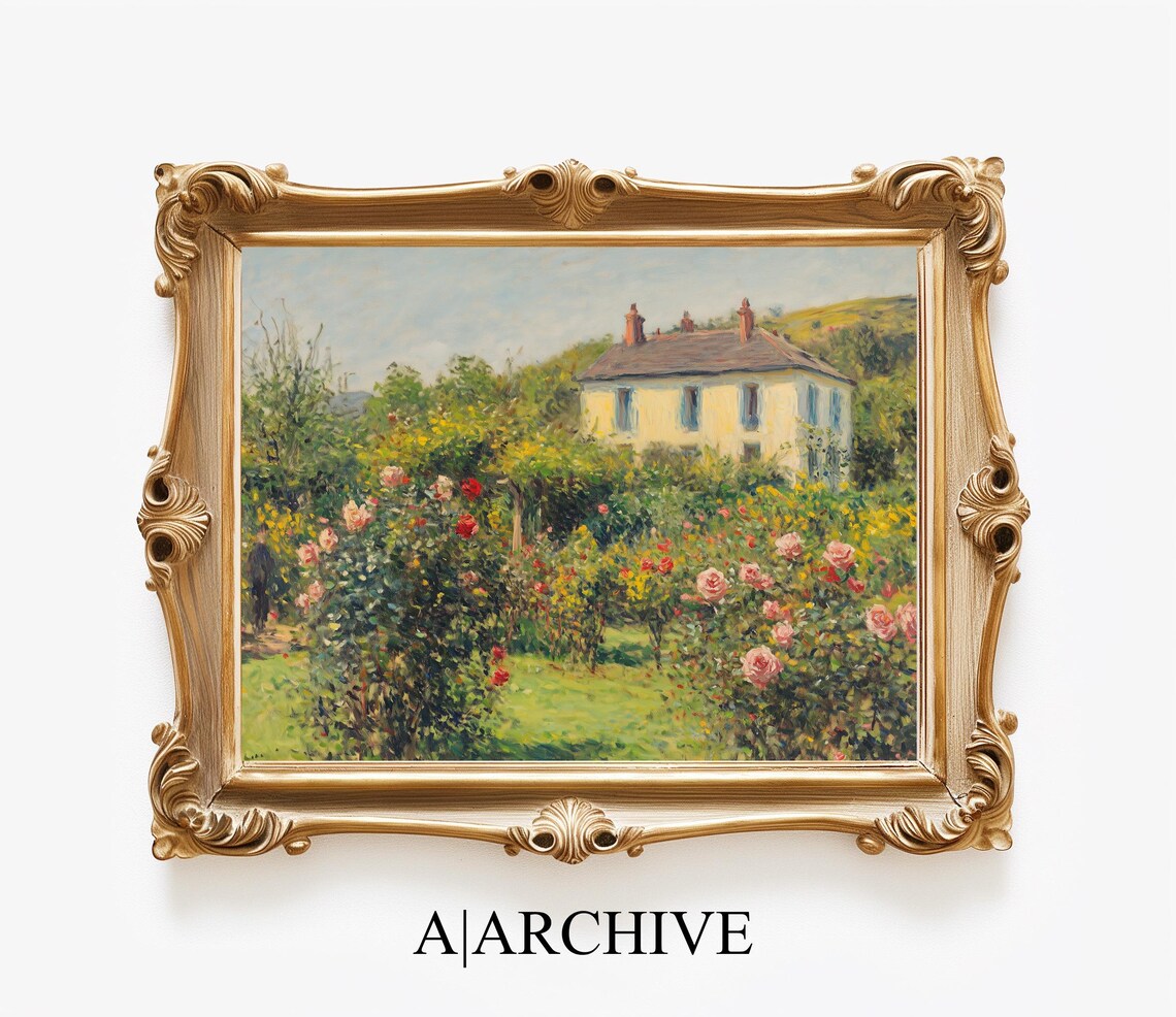 Sunny Cottage Garden with Pink Roses Vintage Oil Painting Poster - Image 4
