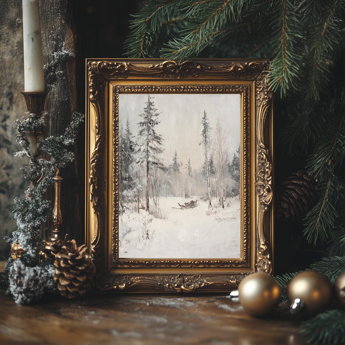 Snowy Pine Forest with a Resting Sled Vintage Winter Art Poster - Image 4
