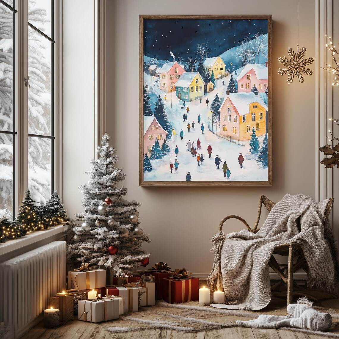 Pink Winter Village Night Scene Watercolor Christmas Holiday Poster - Image 3