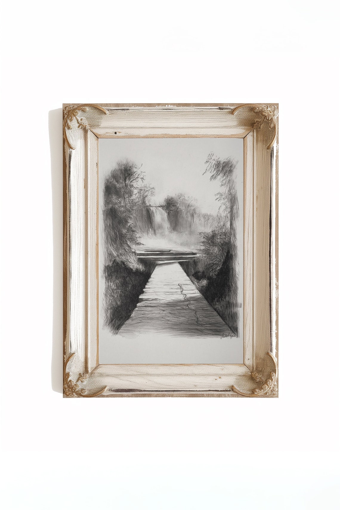 Charcoal Sketch Bridge And Trees Sketch Vintage Landscape Etching Drawing For Wall Decor - Image 4