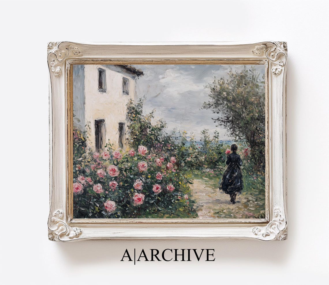 Lady Walking in the Rose Garden Vintage Impressionist Style Poster