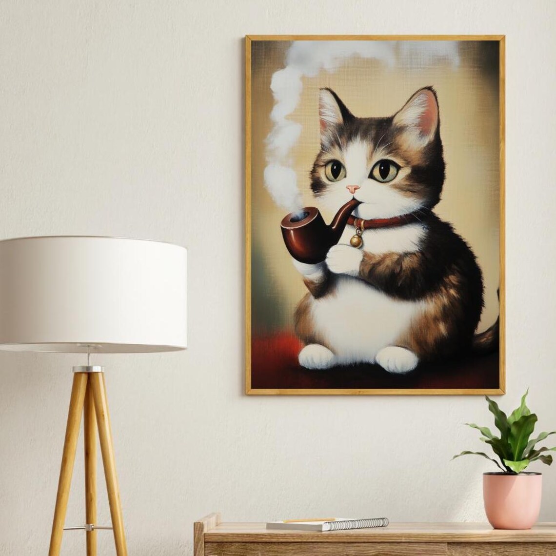 Pipe Smoking Cat Funny Vintage Animal Painting Kitten Poster