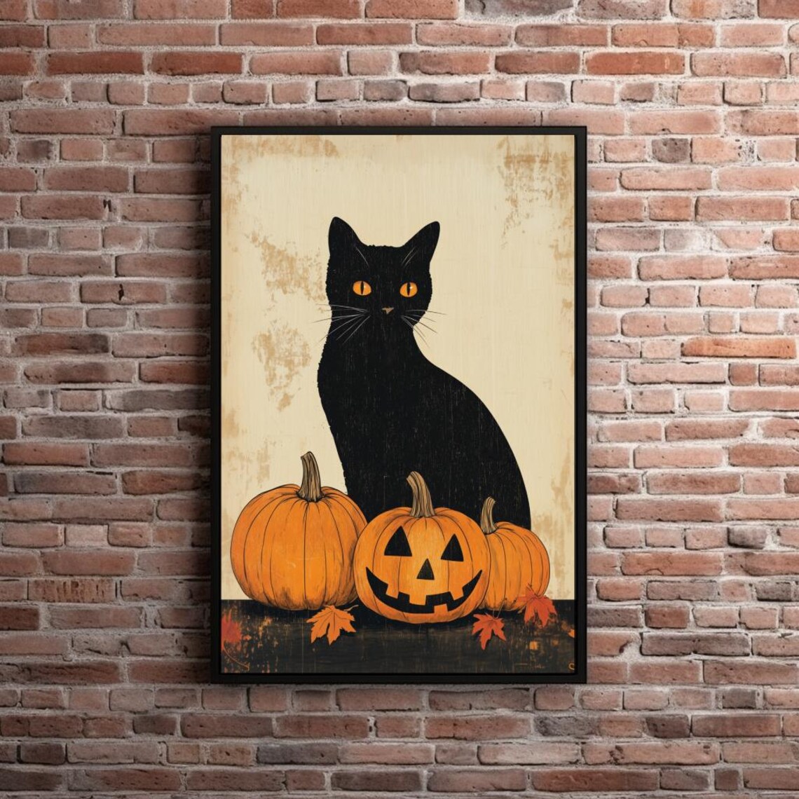 Black Cat with Amber Eyes Pumpkins and Jack O Lantern Halloween Poster - Image 6