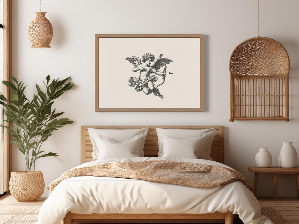 Vintage Cupid With Bow Antique Engraving Romantic Valentine Wall Art - Image 2