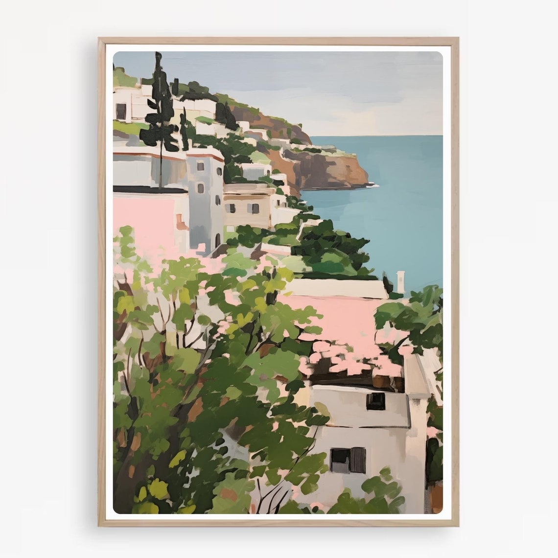Amalfi Coast Village Watercolor Pink Buildings Cliffside Poster