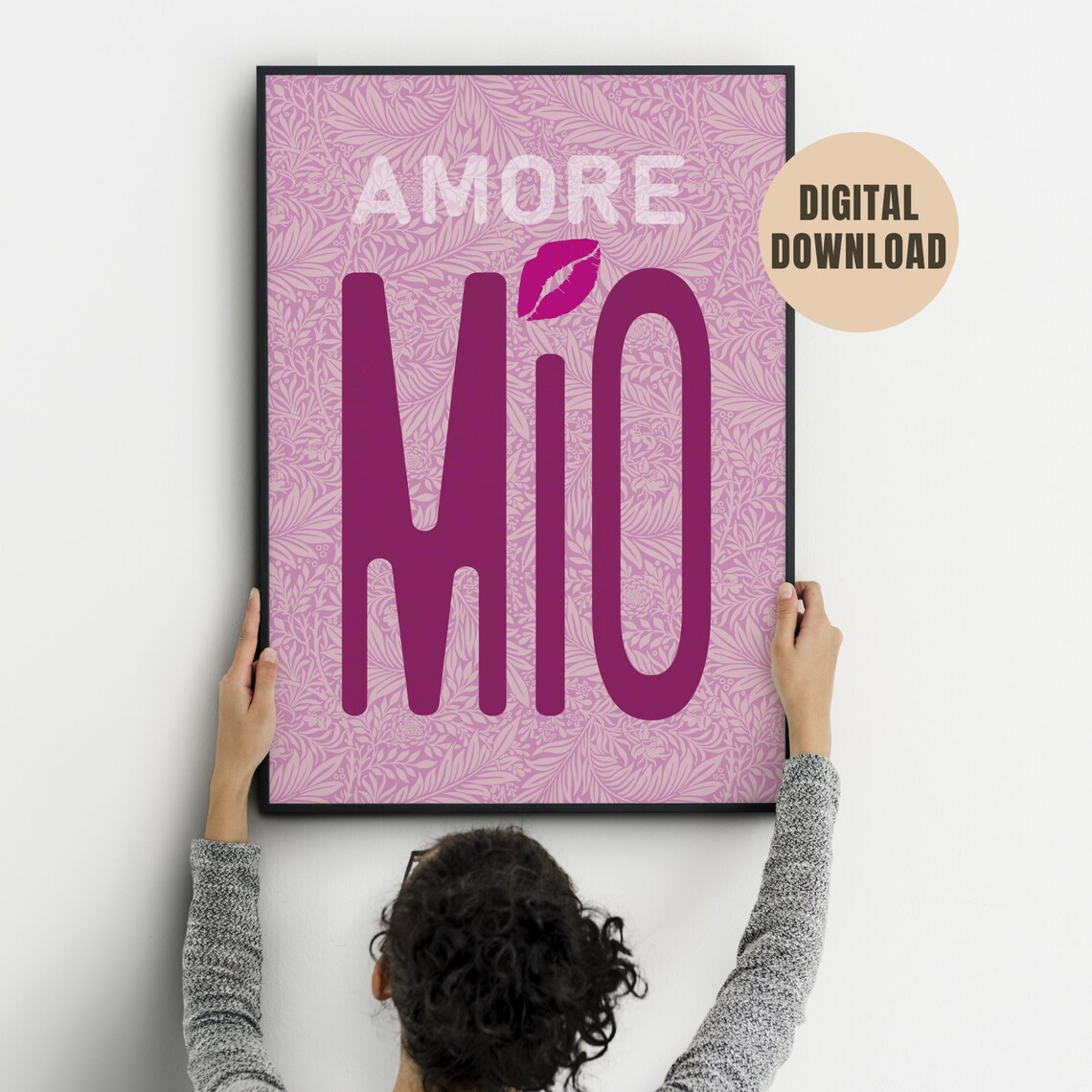 Amore Mio Italian Love Typography on Pink Floral Pattern Poster - Image 3