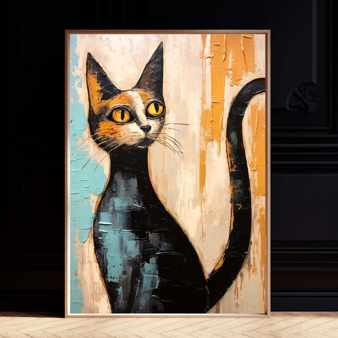 Black Cat Painting, Retro Mid-Century Wall Art