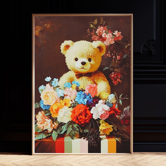 Altered Art Painting Floral Teddy Bear Graffitied Print Kitsch Wall Surreal Pop Eclectic Decor Funny Renaissance