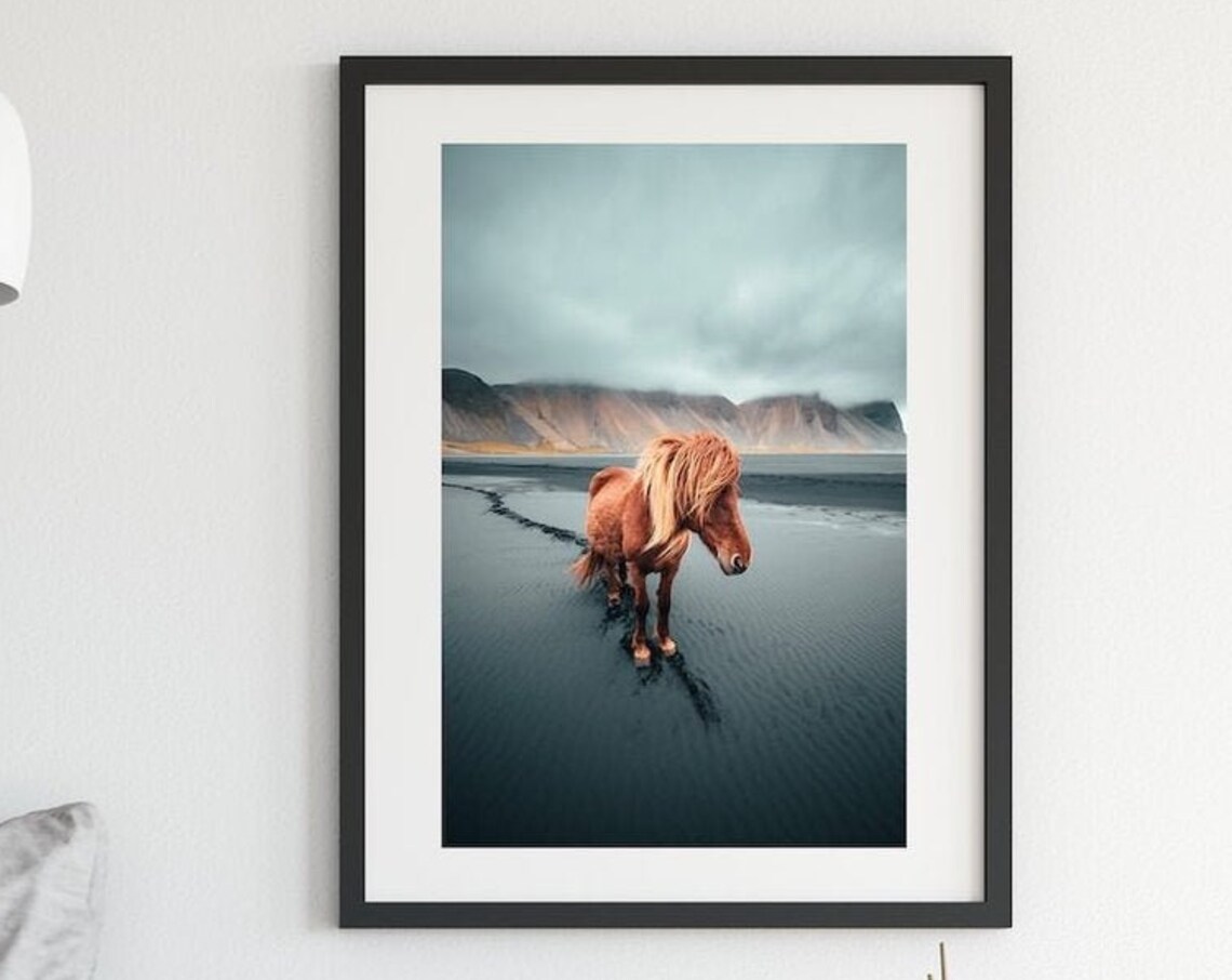 Icelandic Horse Black Sand Beach Moody Mountain Landscape Poster - Image 3