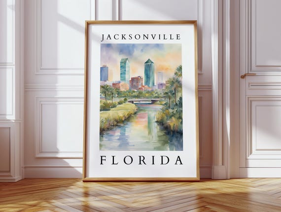 Jacksonville Florida Watercolor Wall Art City Skyline And Palm Trees Coastal For Home Or Office Decor