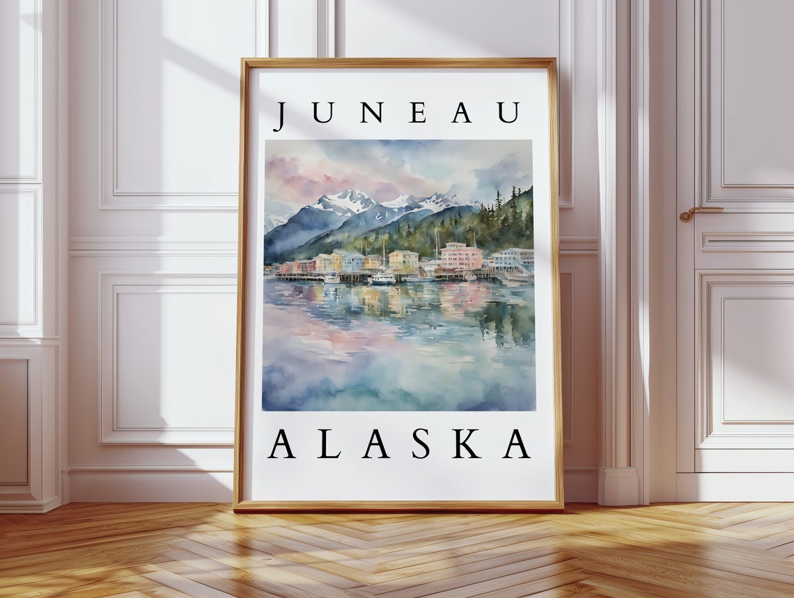 Juneau Alaska Watercolor Harbor Snowy Mountains Travel Poster
