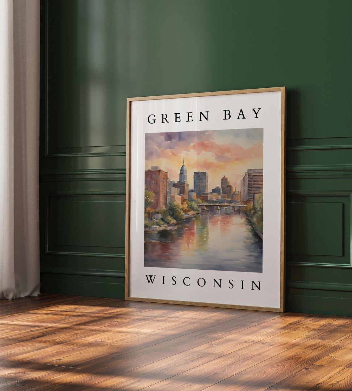 Green Bay Wisconsin Watercolor Cityscape Travel Poster