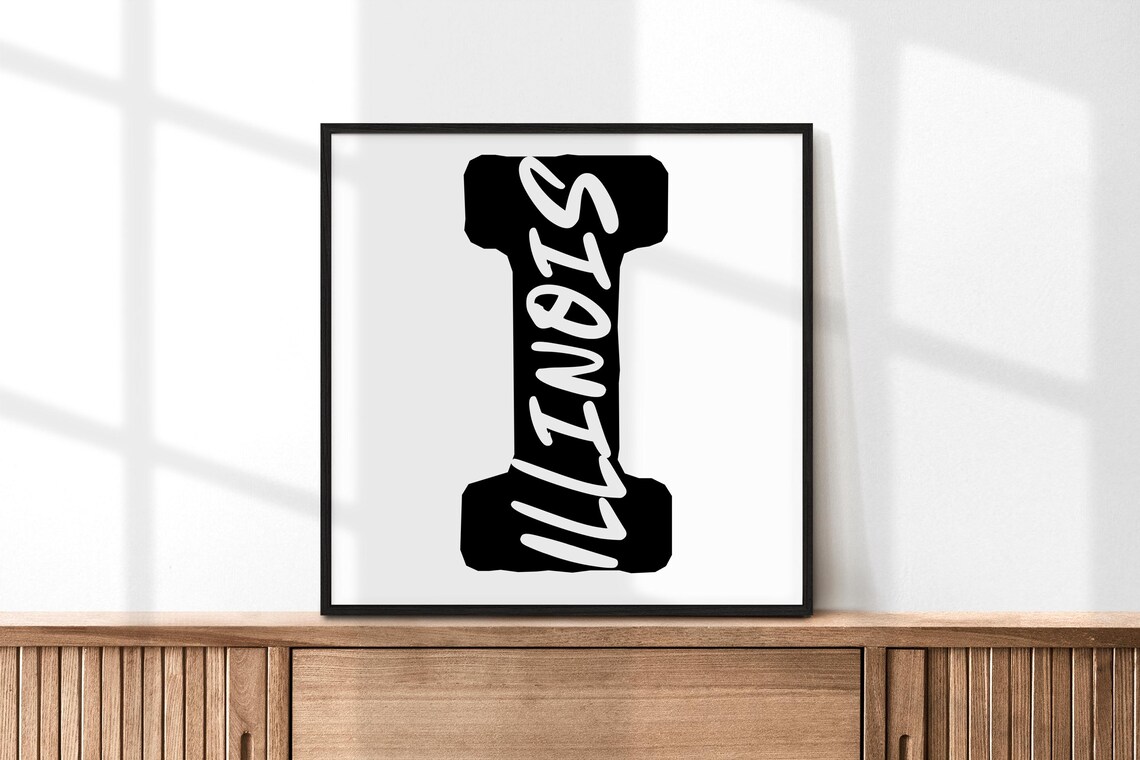 Illinois Letter I Typography Poster Modern Black White State Wall Decor Art