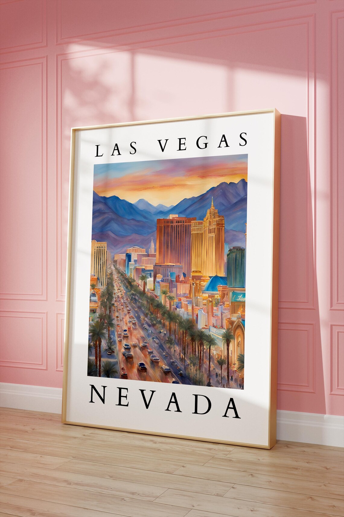 Las Vegas Nevada Strip Sunset Watercolor Cityscape Travel Poster
