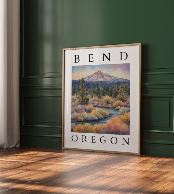 Bend Oregon Snowy Mountain Pine River Fall Watercolor Poster