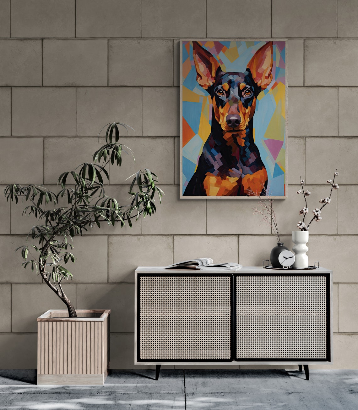 Doberman Pinscher Mosaic Cubist Portrait Orange Blue Facet Poster - Image 2