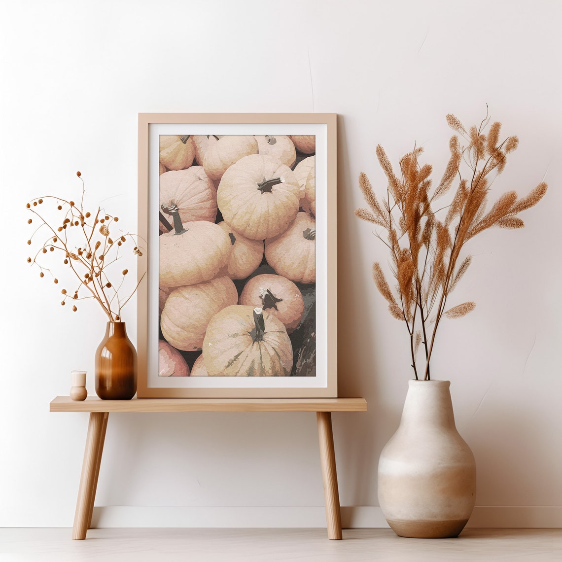 Pale Pink White Pumpkin Cluster Soft Watercolor Fall Decor Art Poster