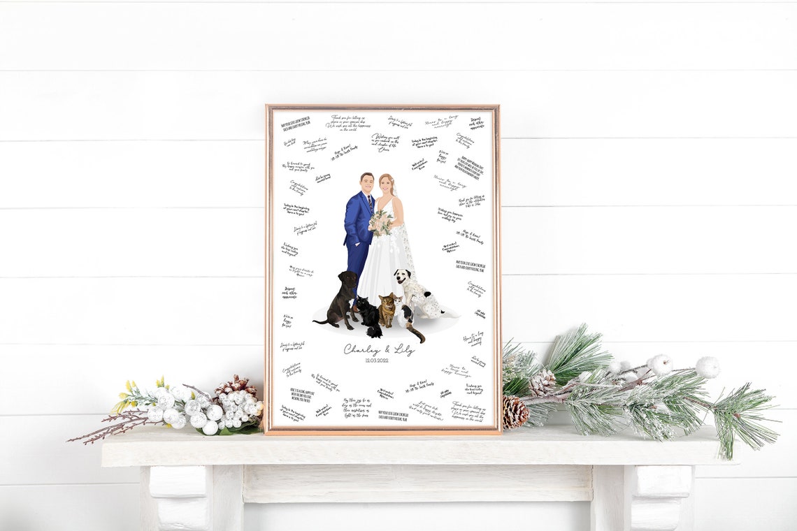 Wedding Guest Book Couple With Five Pets Portrait Art Poster - Image 5