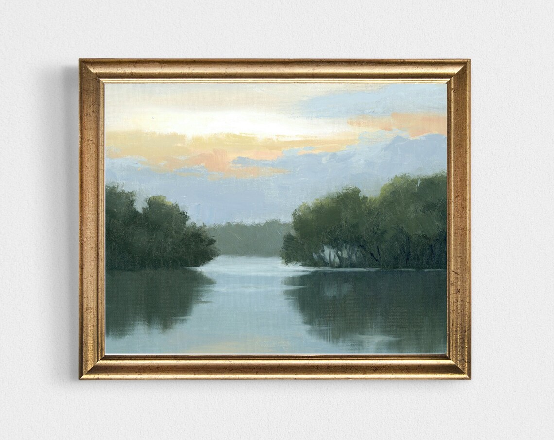 Sunrise Lake Oil Painting Minimalist Landscape Art Print