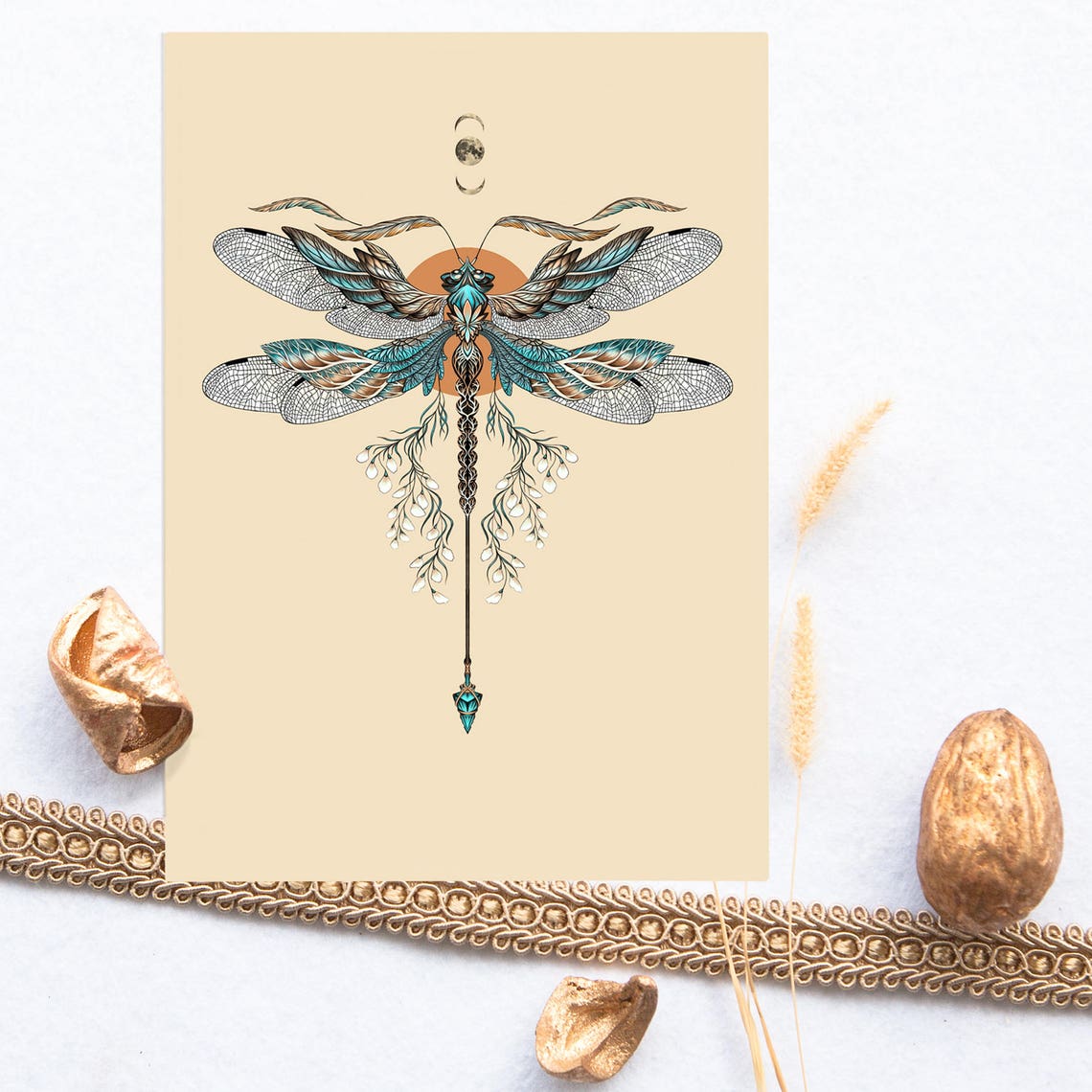 Dragonfly Tattoo Art Print, Tribal Floral Moon - Image 3