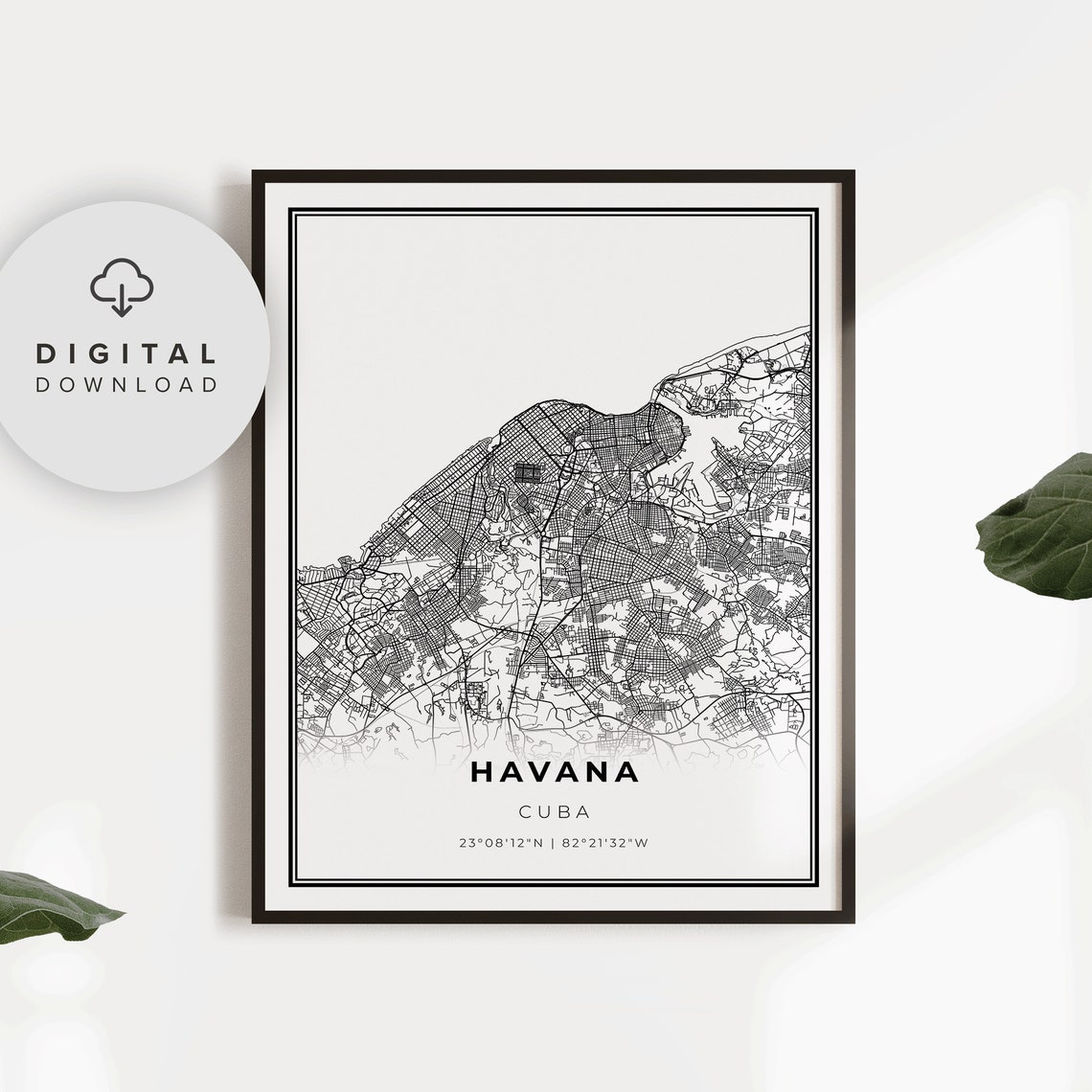 Havana Cuba City Street Map Poster Minimalist Black White Decor