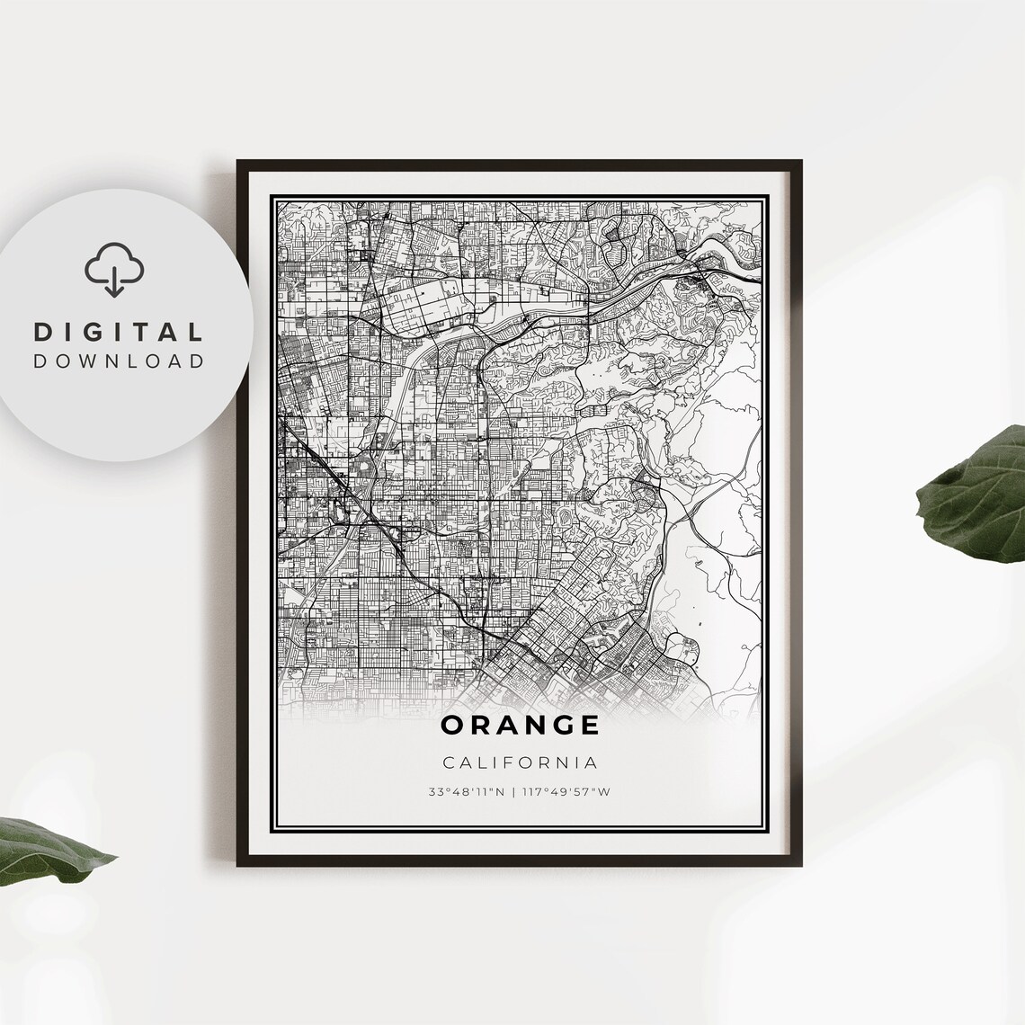 Orange County California Detailed Street Map Monochrome Poster