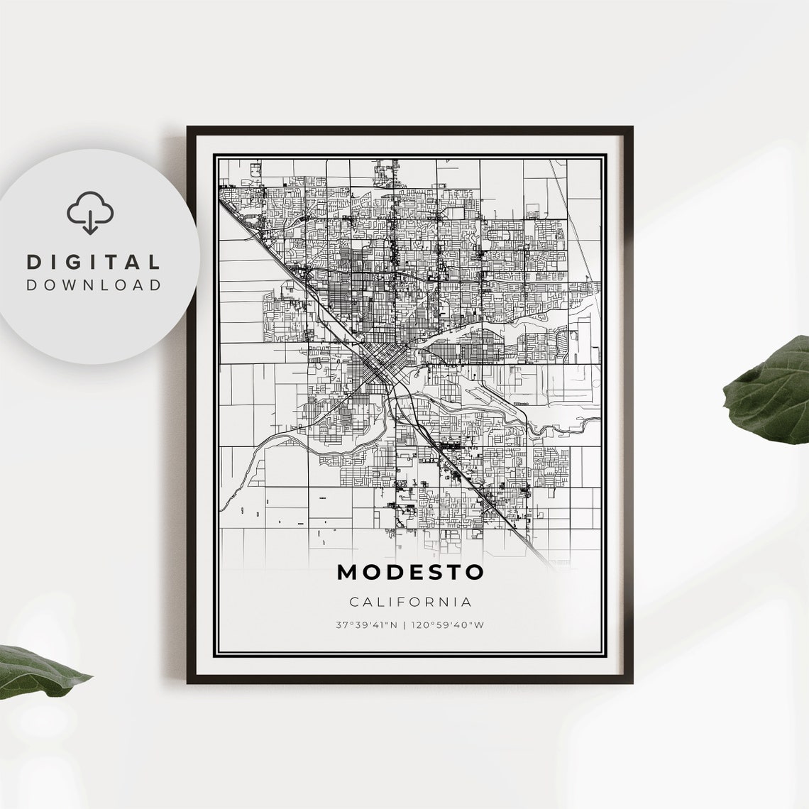 Modesto California Minimalist Black White Line Street Map Poster