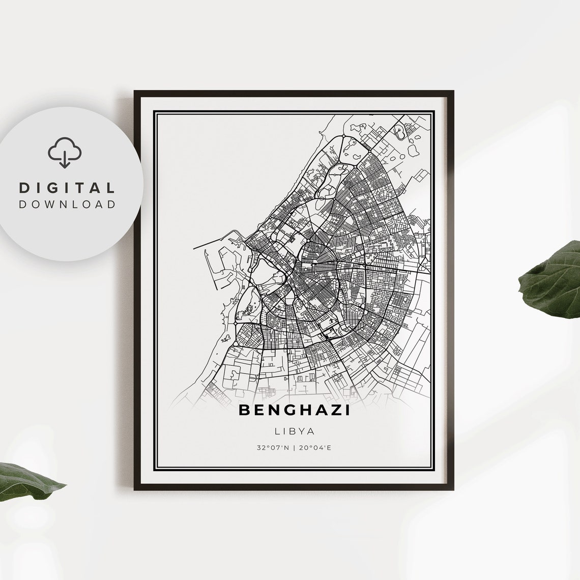 Benghazi Libya Minimalist City Street Map Black White Poster