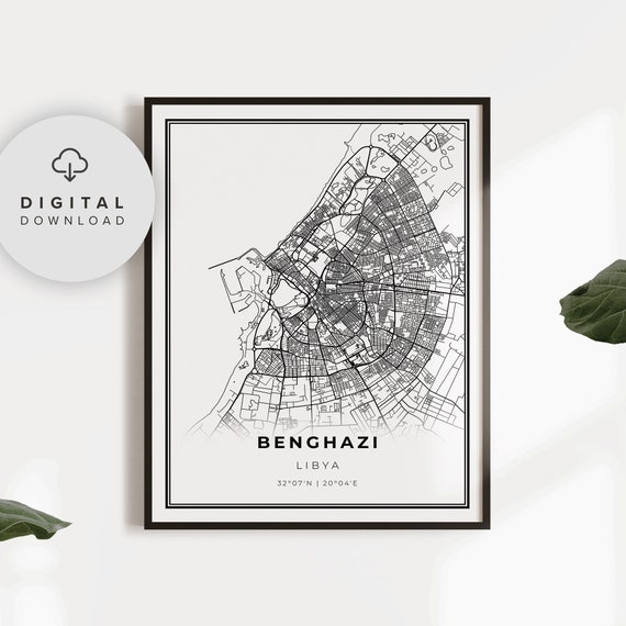 Benghazi Map Print Libya Art Poster Bengazi City Street Road Artwork Gift Guy Np888