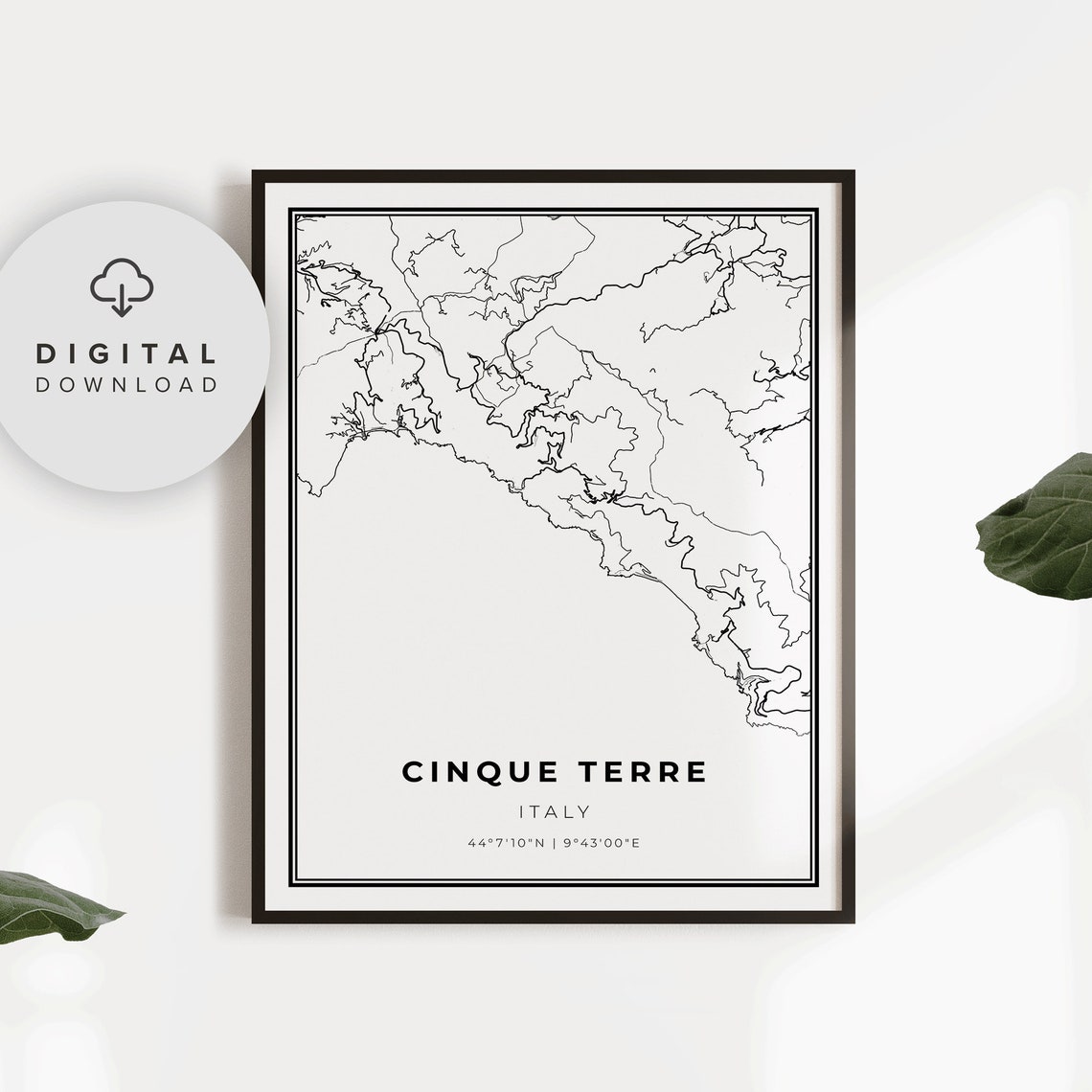 Cinque Terre Italy Coastal Map Poster Minimalist Black White