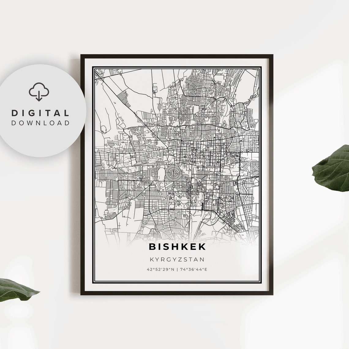 Bishkek Kyrgyzstan City Street Road Map Minimalist Black Line Poster
