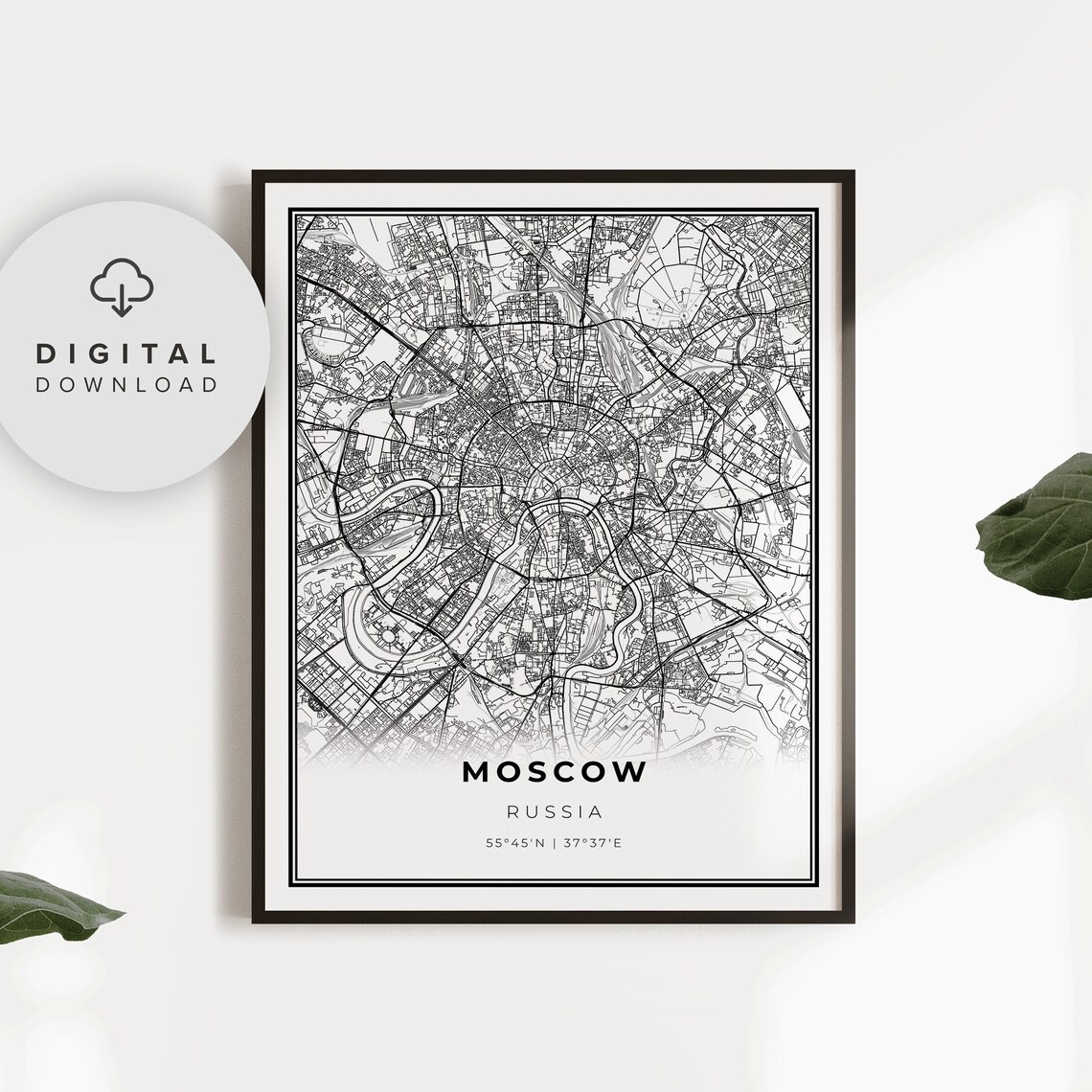 Moscow Russia Minimalist Black and White City Street Map Poster
